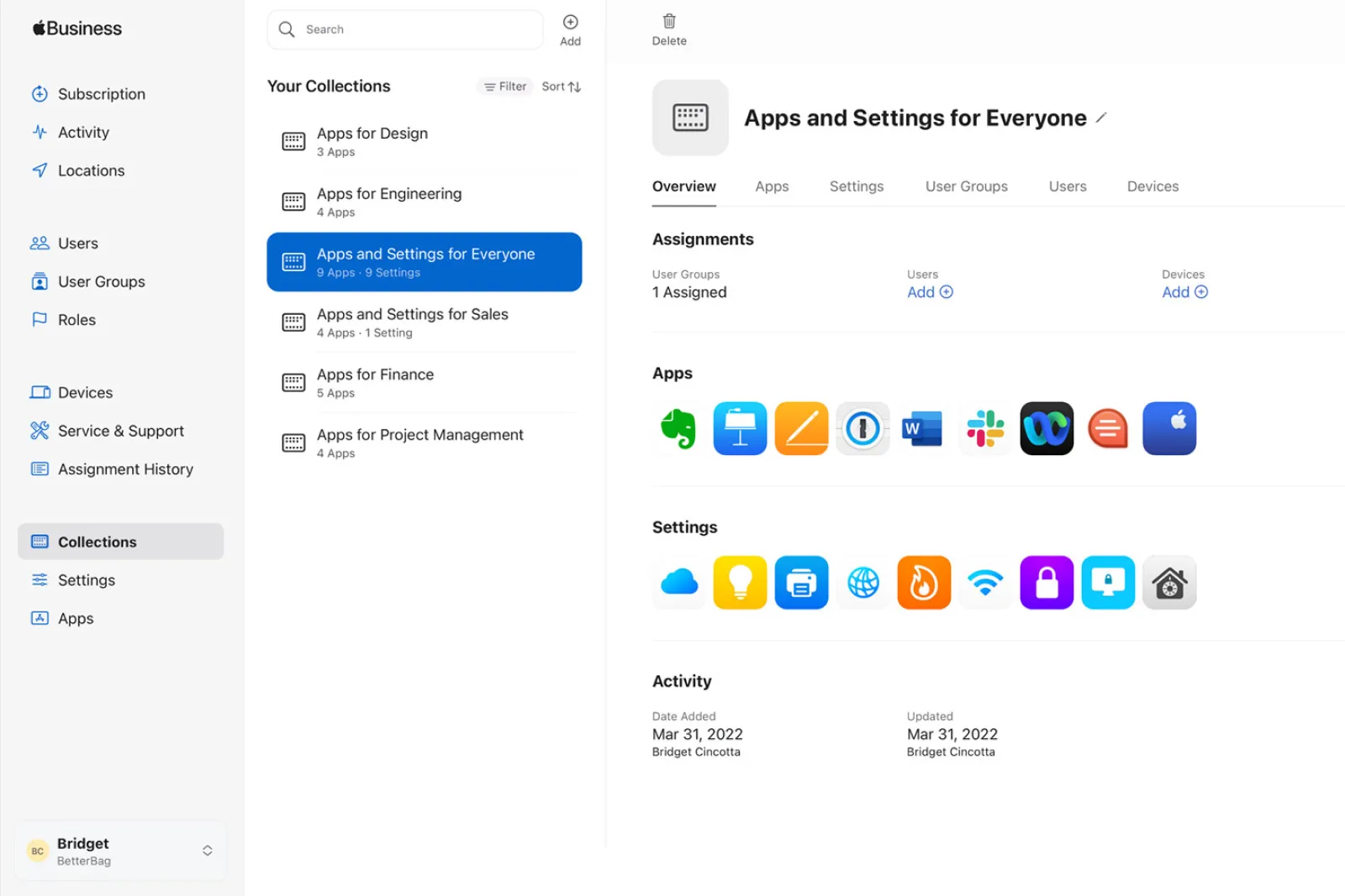 Apple Business Essentials Collections — apps and settings grouped into target states