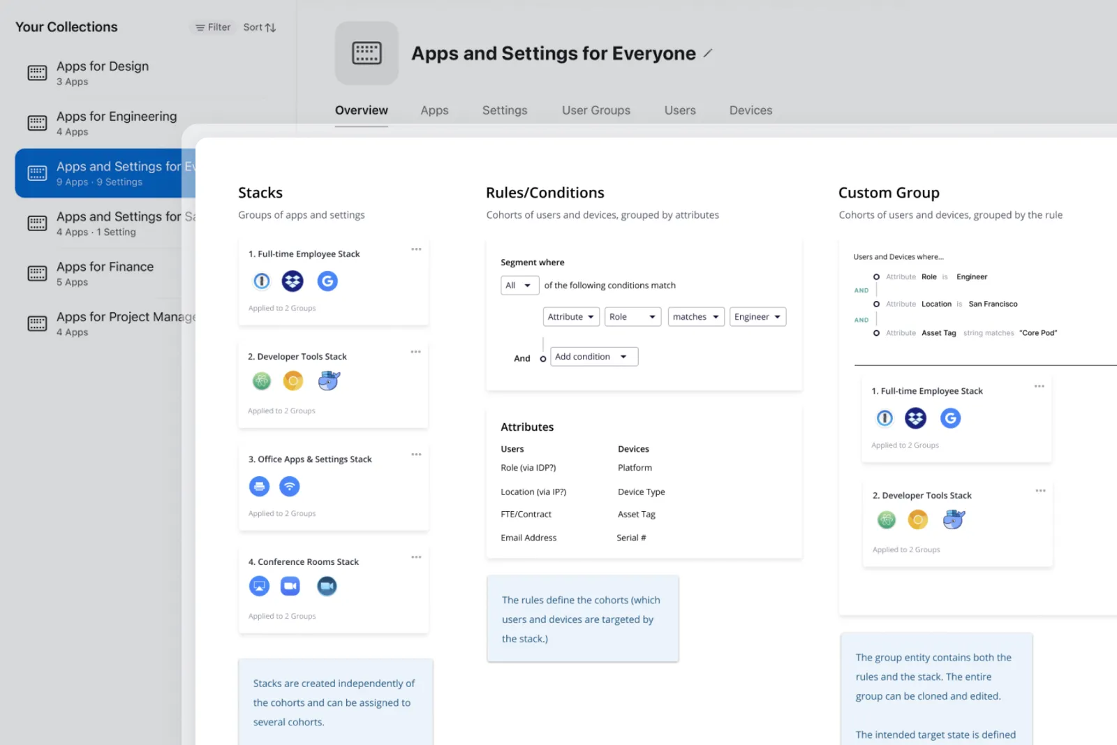 The Stacks and Groups model: reusable configurations assigned to flexible groups, shown alongside the Apple Business Essentials interface it later shipped in