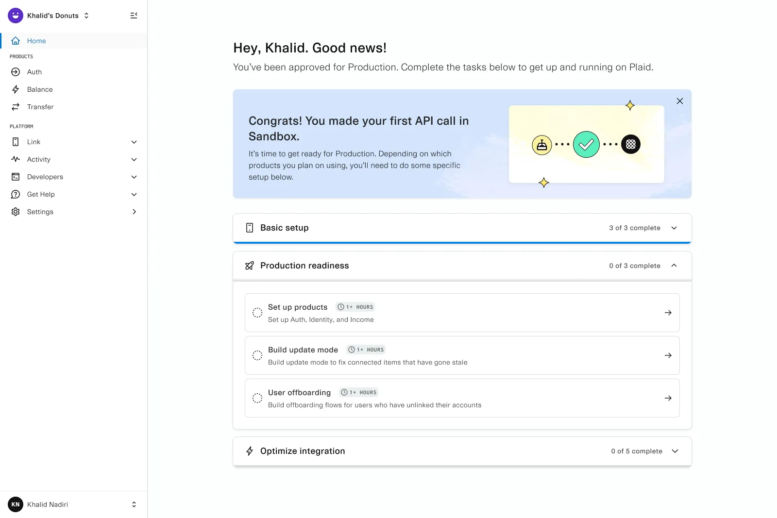 Launch Center guiding a new customer through production-readiness tasks, an early lifecycle-driven experience
