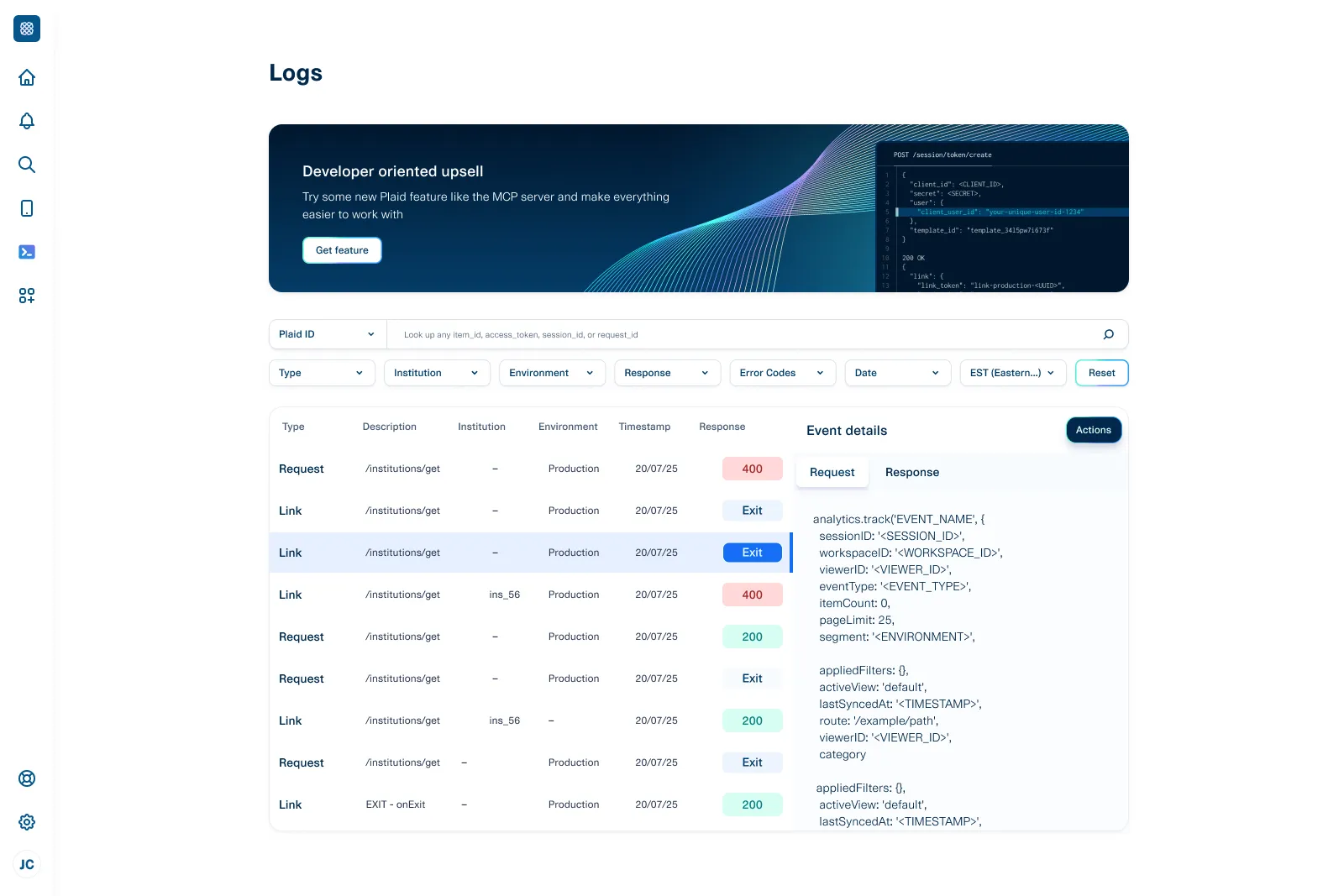 A redesigned Logs surface, a dense technical view with filterable events and a synchronized detail panel