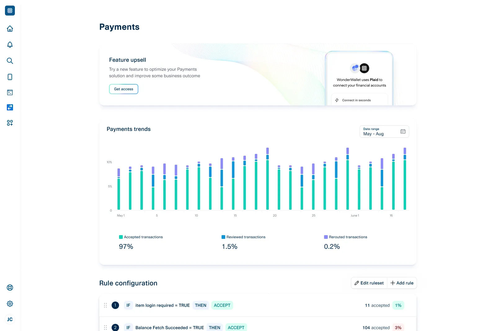 A redesigned Payments surface applying the new visual language to charts and rule configuration