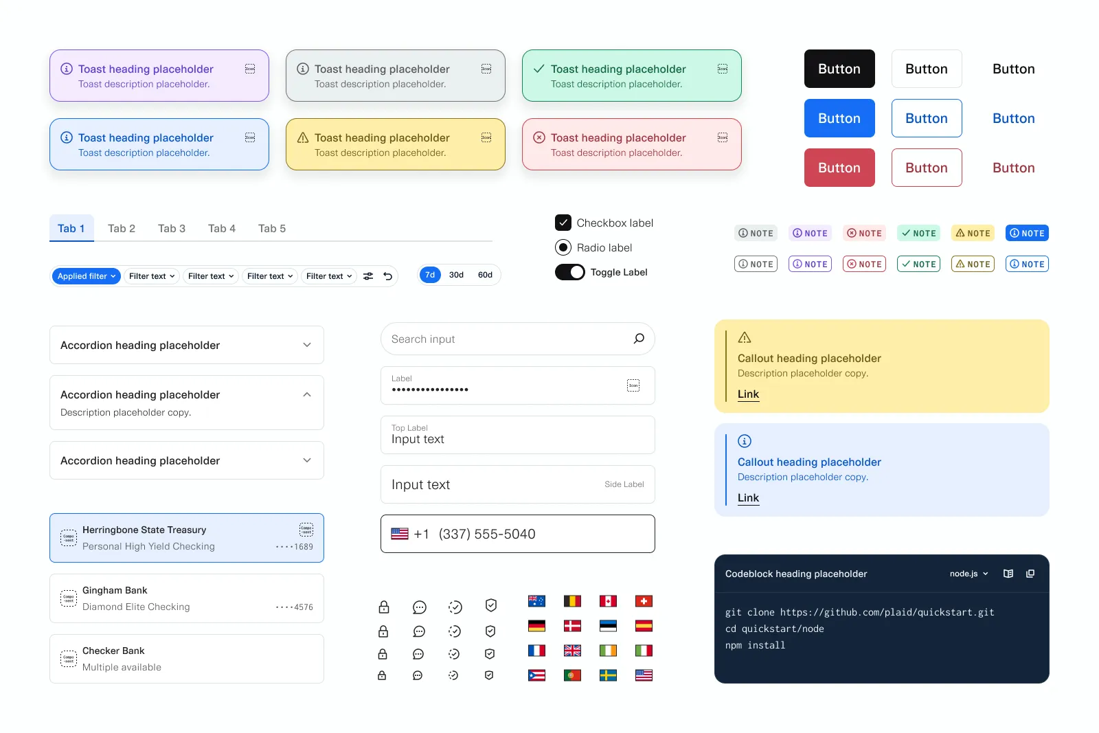 The Threads 5 component library: buttons, notes, toasts, inputs, tabs, and account patterns across states, the modernized system foundation