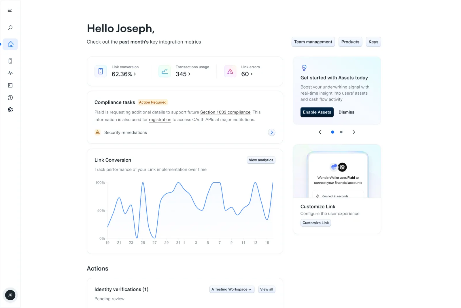 Mature customer Overview showing metrics, compliance actions, workflow queues, product adoption opportunities, and operational insights